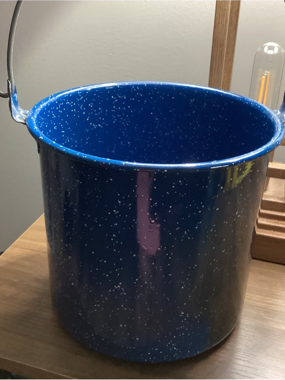 Blue Speckled Enamel Bucket with metal handle
